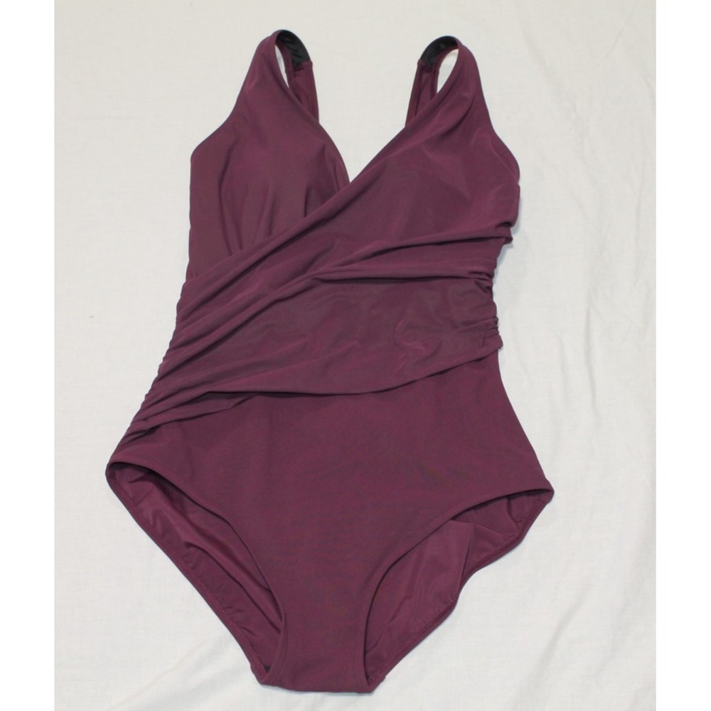 LL Bean Shaping Swimsuit Womens 12 Purple One Piece Crossover Ruched 300807